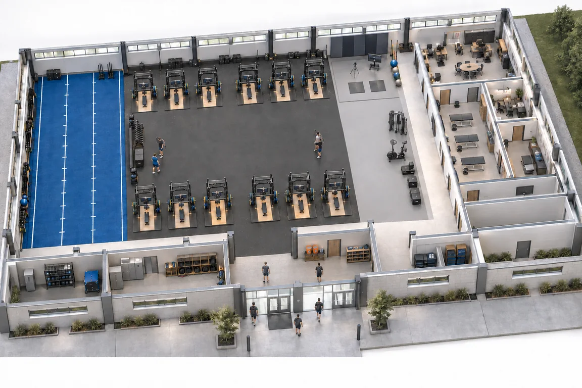 Hypothetical high-school performance facility with a turf zone, twelve rack stations, adjacent rehabilitation exercise and open testing, plus a shared coaches’ and athletic trainers’ office connected to private clinical spaces.